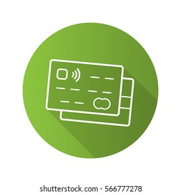 Credit cards flat linear long shadow icon. Bank debit cards. Vector line symbol