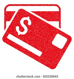 Credit Cards grainy textured icon for overlay watermark stamps. Flat symbol with scratched texture. Dotted vector red ink rubber seal stamp with grunge design on a white background.