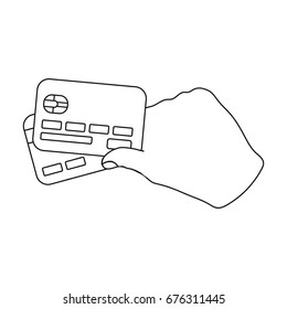 Credit cards in hand. E-commerce single icon in outline style vector symbol stock illustration web.