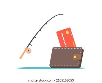 Credit Cards Hanging on Rod Hook in Purse, Concept of Fraud Activity Victims, Phishing and Hacker Attack, Lose Money in Internet. Scam Letters in Email. Cartoon Vector Illustration