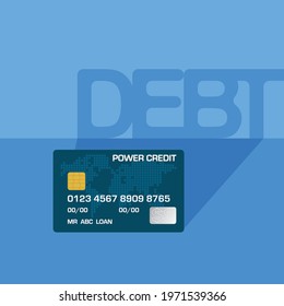 Credit cards have a shadow of the word debt, Vector illustration in flat style