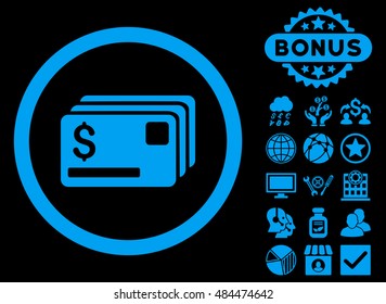 Credit Cards icon with bonus images. Vector illustration style is flat iconic symbols, blue color, black background.