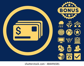 Credit Cards icon with bonus pictures. Vector illustration style is flat iconic symbols, yellow color, blue background.