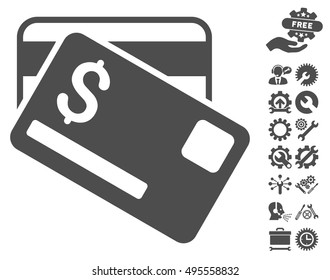 Credit Cards icon with bonus tools pictures. Vector illustration style is flat iconic symbols, gray color, white background.