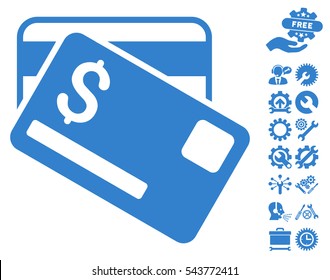 Credit Cards icon with bonus tools clip art. Vector illustration style is flat iconic symbols, cobalt color, white background.