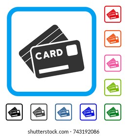 Credit Cards icon. Flat gray pictogram symbol inside a light blue rounded frame. Black, gray, green, blue, red, orange color variants of Credit Cards vector. Designed for web and app user interface.