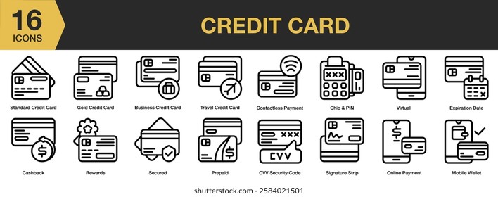 Credit Cards icon set. Includes card, banking, payment, credit, finance, and More. Outline icons vector collection.