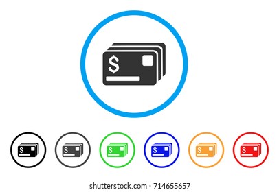 Credit Cards icon. Vector illustration style is a flat iconic credit cards grey rounded symbol inside light blue circle with black, gray, green, blue, red, orange color variants.