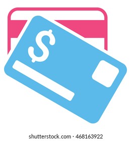 Credit Cards icon. Vector style is bicolor flat iconic symbol with rounded angles, pink and blue colors, white background.