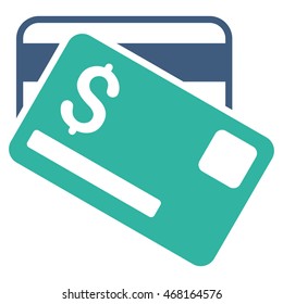 Credit Cards icon. Vector style is bicolor flat iconic symbol with rounded angles, cobalt and cyan colors, white background.