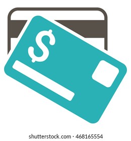 Credit Cards icon. Vector style is bicolor flat iconic symbol with rounded angles, grey and cyan colors, white background.