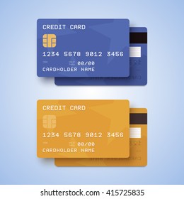 Credit cards illustration. Blue and gold cards with two sides. 