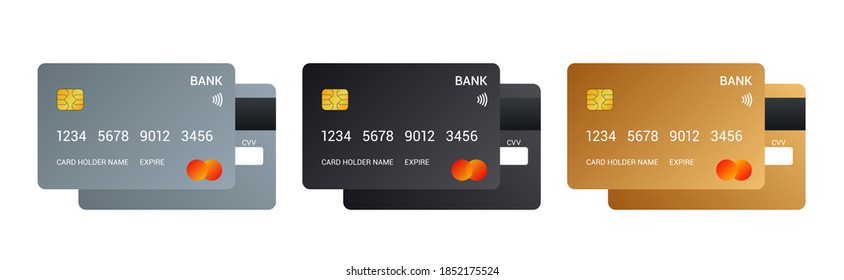 Credit cards isolated on white background. Debit, black and gold credit cards. Vector illustration