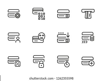 Credit cards line icon set. Set of line icons on white background. Banking concept. Gear, face, payment, cards. Vector illustration can be used for topics like banking, payment, transactions