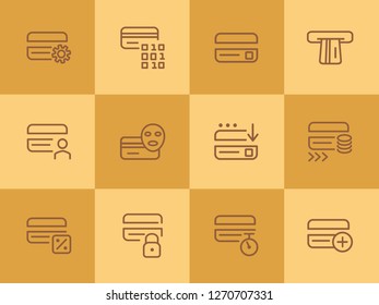 Credit cards line icon set. Set of line icons on white background. Banking concept. Gear, face, payment, cards. Vector illustration can be used for topics like banking, payment, transactions