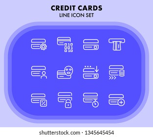 Credit cards line icon set. Set of line icons on white background. Banking concept. Gear, face, payment, cards. Vector illustration can be used for topics like banking, payment, transactions