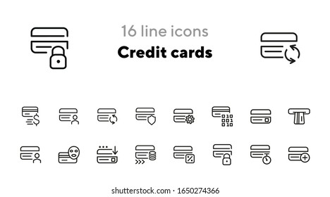 Credit cards line icon set. Set of line icons on white background. Banking concept. Gear, face, payment, cards. Vector illustration can be used for topics like banking, payment, transactions
