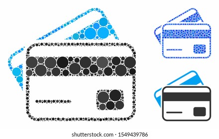 Credit cards mosaic of circle elements in different sizes and color tinges, based on credit cards icon. Vector circle elements are united into blue mosaic.