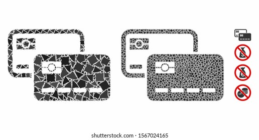 Credit cards mosaic of joggly elements in various sizes and color tinges, based on credit cards icon. Vector joggly elements are composed into mosaic. Credit cards icons collage with dotted pattern.