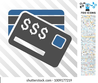 Credit Cards pictograph with 700 bonus bitcoin mining and blockchain symbols. Vector illustration style is flat iconic symbols designed for crypto-currency websites.