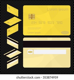 Credit Cards put on a black polka dot background. The front and back of credit cards. credit cards yellow color.
