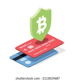 Credit cards, security shield, bitcoin cryptocurrency. Vector 3d line isometric, color web icons, new flat style. Creative design idea for infographics.