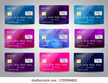 Credit Cards Set With Colorful Abstract Design Background. Realistic Detailed Templates Design For Credit Card, Debit Card, ATM Card Mockup With Gold Metal Gradient Chip Vector Illustration Design 