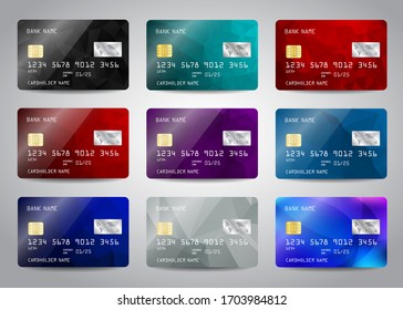 Credit cards set with colorful abstract design background. Realistic detailed templates design for credit card, debit card, ATM card mockup with gold metal gradient chip Vector illustration design 