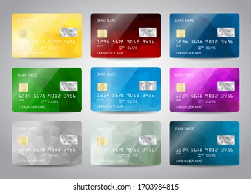 Credit Cards Set With Colorful Abstract Design Background. Realistic Detailed Templates Design For Credit Card, Debit Card, ATM Card Mockup With Gold Metal Gradient Chip Vector Illustration Design 