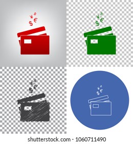 Credit cards sign with currency symbols. Vector. 4 styles. Red gradient in radial lighted background, green flat and gray scribble icons on transparent and linear one in blue circle.