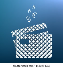 Credit cards sign with currency symbols. Vector. White textured icon at lapis lazuli gradient background.