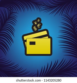Credit cards sign with currency symbols. Vector. Golden icon with black contour at blue background with branches of palm trees.