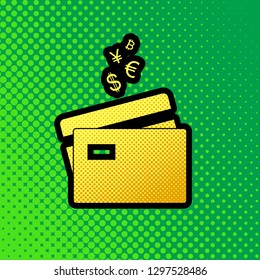 Credit cards sign with currency symbols. Vector. Pop art orange to yellow dots-gradient icon with black contour at greenish background.