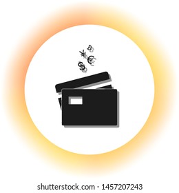 Credit cards sign with currency symbols. Dark icon with shadow on the glowing circle button. Illustration.