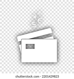 Credit cards sign with currency symbols. White Icon with dropped natural gray Shadow at transparent Background. Illustration.