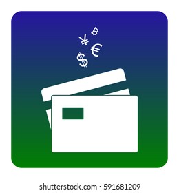 Credit cards sign with currency symbols. Vector. White icon at green-blue gradient square with rounded corners on white background. Isolated.