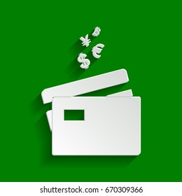 Credit cards sign with currency symbols. Vector. Paper whitish icon with soft shadow on green background.