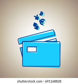 Credit cards sign with currency symbols. Vector. Sky blue icon with defected blue contour on beige background.