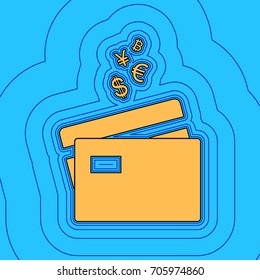 Credit cards sign with currency symbols. Vector. Sand color icon with black contour and equidistant blue contours like field at sky blue background. Like waves on map - island in ocean or sea.
