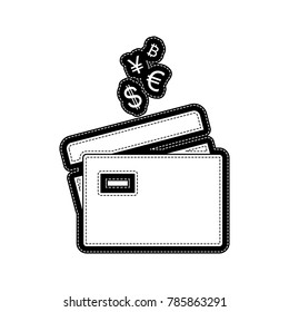 Credit cards sign with currency symbols. Vector. Flat style black icon on white.