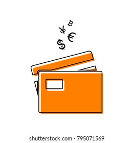 Credit cards sign with currency symbols. Vector. Black line icon with shifted flat orange filled icon on white background. Isolated.