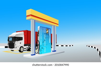 Credit cards for spending, fueling gas station, making transactions with banks through full-service automatic card payment to drive the transportation business promptly on time for vector illustration