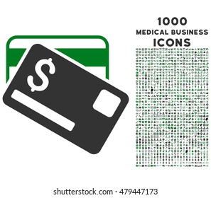 Credit Cards vector bicolor icon with 1000 medical business icons. Set style is flat pictograms, green and gray colors, white background.