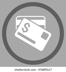 Credit Cards vector bicolor rounded icon. Image style is a flat icon symbol inside a circle, dark gray and white colors, silver background.