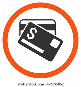 Credit Cards vector bicolor rounded icon. Image style is a flat icon symbol inside a circle, orange and gray colors, white background.