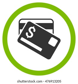 Credit Cards vector bicolor rounded icon. Image style is a flat icon symbol inside a circle, eco green and gray colors, white background.