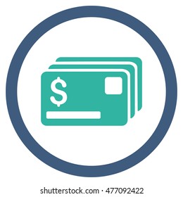Credit Cards vector bicolor rounded icon. Image style is a flat icon symbol inside a circle, cobalt and cyan colors, white background.