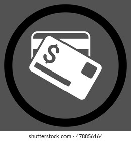 Credit Cards vector bicolor rounded icon. Image style is a flat icon symbol inside a circle, black and white colors, gray background.