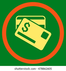 Credit Cards vector bicolor rounded icon. Image style is a flat icon symbol inside a circle, orange and yellow colors, green background.