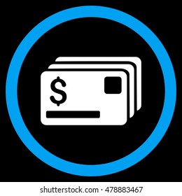 Credit Cards vector bicolor rounded icon. Image style is a flat icon symbol inside a circle, blue and white colors, black background.